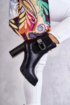 Damskie Boto Skórzane Botki Na Słupku Z Ozdobnym Paskiem Czarne Maresol