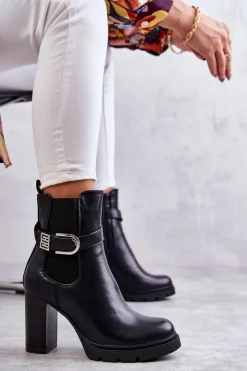 Damskie Boto Skórzane Botki Na Słupku Z Ozdobnym Paskiem Czarne Maresol