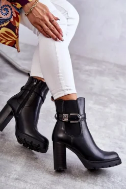 Damskie Boto Skórzane Botki Na Słupku Z Ozdobnym Paskiem Czarne Maresol