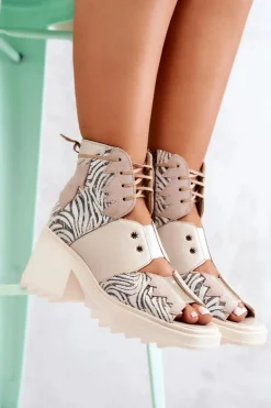 New Maciejka Skórzane Botki Na Suwak 05321-04 Beżowe Beżowy