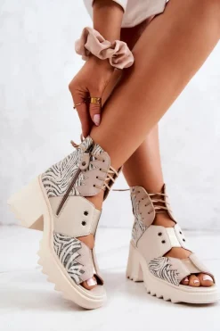 New Maciejka Skórzane Botki Na Suwak 05321-04 Beżowe Beżowy