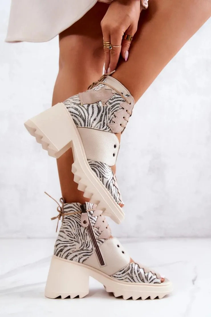 New Maciejka Skórzane Botki Na Suwak 05321-04 Beżowe Beżowy