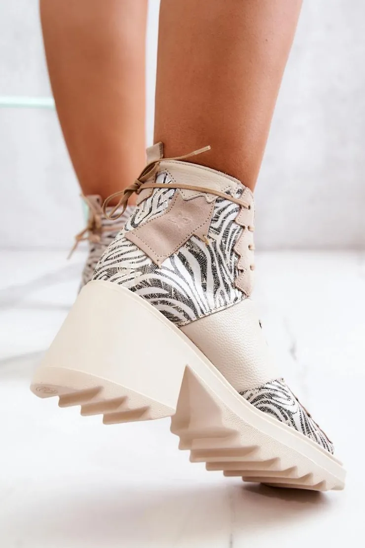 New Maciejka Skórzane Botki Na Suwak 05321-04 Beżowe Beżowy