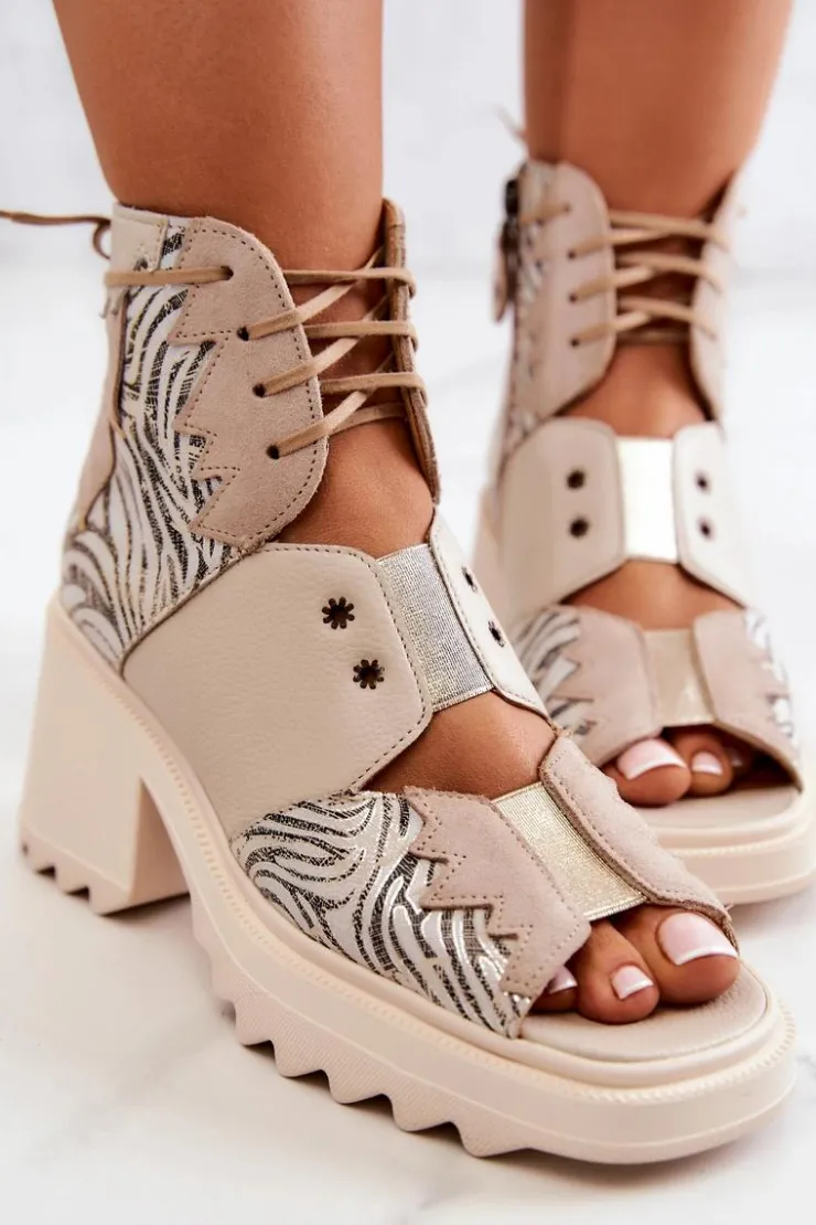 New Maciejka Skórzane Botki Na Suwak 05321-04 Beżowe Beżowy