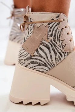 New Maciejka Skórzane Botki Na Suwak 05321-04 Beżowe Beżowy