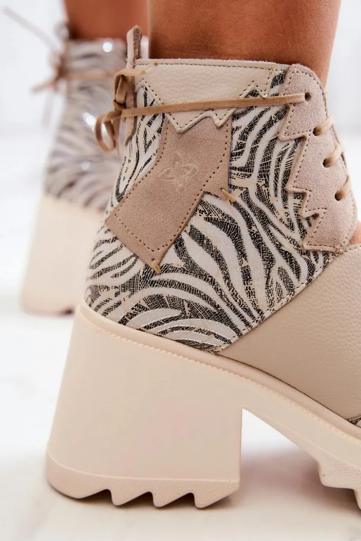 New Maciejka Skórzane Botki Na Suwak 05321-04 Beżowe Beżowy