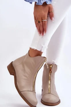 Sale Zazoo Skórzane Botki Na Suwak Nicole 2785/008 Beżowe