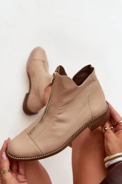 New Zazoo Skórzane Botki Na Suwak 2785/079 Beżowe Beżowy