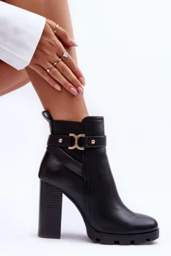 Damskie Boto Skórzane Botki Na Wysokim Słupku Czarne Liani