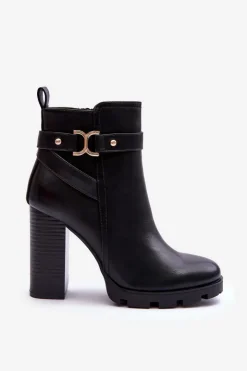 Damskie Boto Skórzane Botki Na Wysokim Słupku Czarne Liani