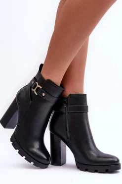 Damskie Boto Skórzane Botki Na Wysokim Słupku Czarne Liani