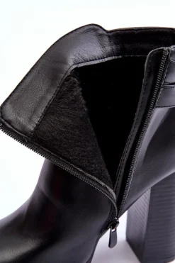 Damskie Boto Skórzane Botki Na Wysokim Słupku Czarne Liani