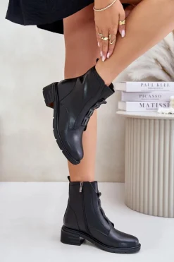 Damskie Evento Skórzane Botki Na Zamek Ocieplane Czarne Olidrila