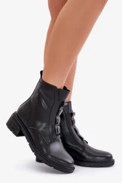 Damskie Evento Skórzane Botki Na Zamek Ocieplane Czarne Olidrila