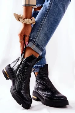 Damskie Boto Skórzane Botki Ocieplane Krokodyl Czarne Tanya