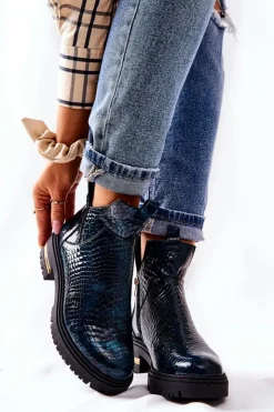 Best Boto Skórzane Botki Ocieplane Krokodyl Zielone Tanya
