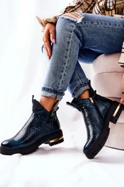 Best Boto Skórzane Botki Ocieplane Krokodyl Zielone Tanya