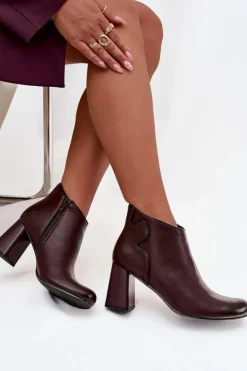 Boto Botki Ocieplane|Botki Na Obcasie*Skórzane Botki Ocieplane Na Słupku Bordowe Ivessara Czerwony