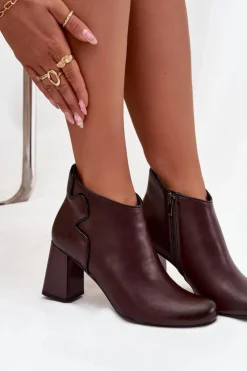 Boto Botki Ocieplane|Botki Na Obcasie*Skórzane Botki Ocieplane Na Słupku Bordowe Ivessara Czerwony