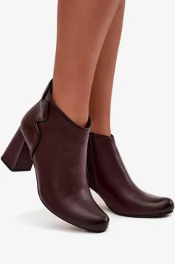 Boto Botki Ocieplane|Botki Na Obcasie*Skórzane Botki Ocieplane Na Słupku Bordowe Ivessara Czerwony