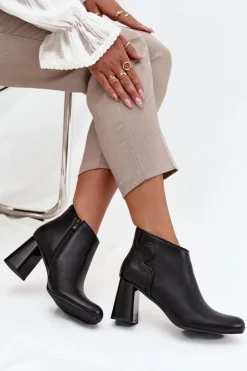 Damskie Boto Skórzane Botki Ocieplane Na Słupku Czarne Ivessara