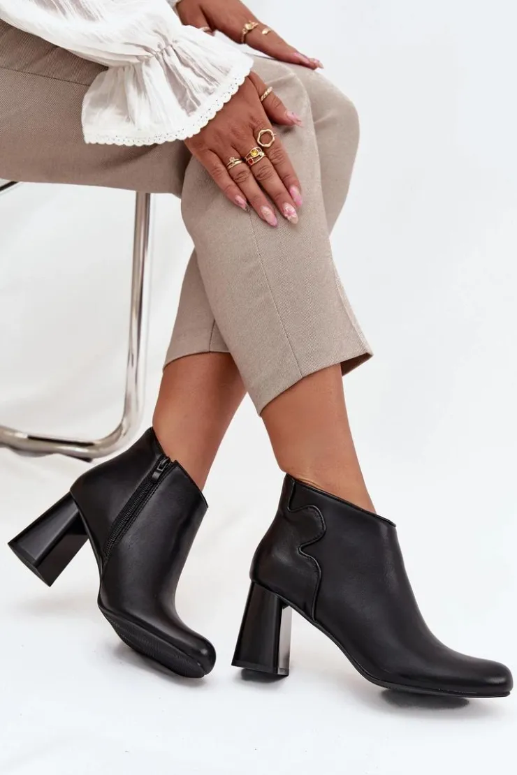 Damskie Boto Skórzane Botki Ocieplane Na Słupku Czarne Ivessara