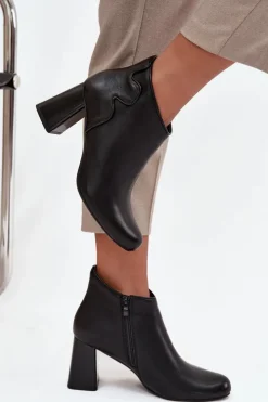 Damskie Boto Skórzane Botki Ocieplane Na Słupku Czarne Ivessara