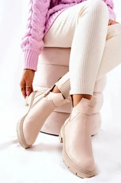 Sale Boto Skórzane Botki Ocieplane Z Wycięciem Beżowe Tanya