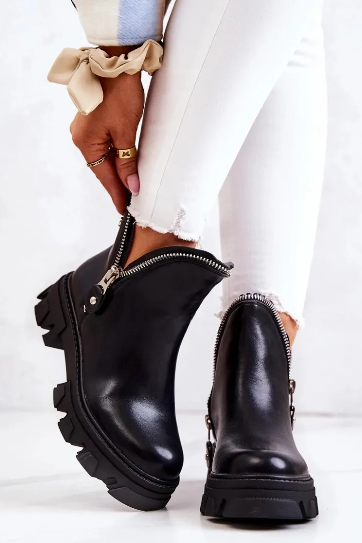 Boto Czarne Botki|Brązowe I Beżowe Botki*Skórzane Botki Ozdobne Suwaki Czarne Deborah