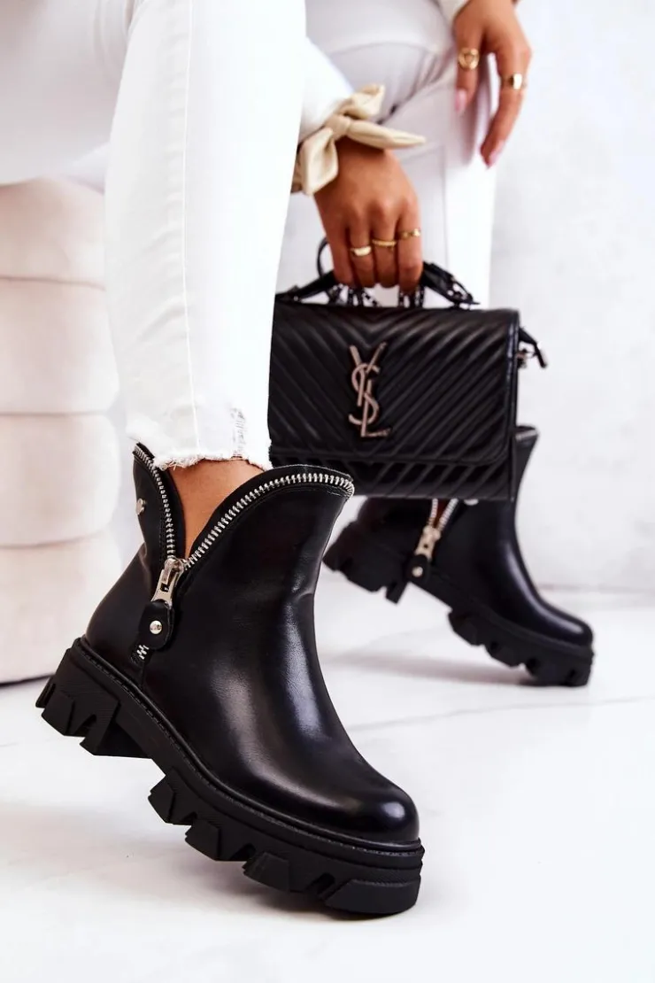 Boto Czarne Botki|Brązowe I Beżowe Botki*Skórzane Botki Ozdobne Suwaki Czarne Deborah