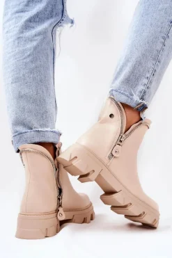 Boto Skórzane Botki Ozdobne Suwaki Beżowe Deborah