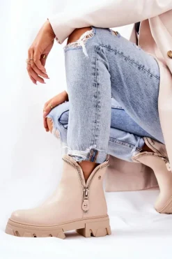 Boto Skórzane Botki Ozdobne Suwaki Beżowe Deborah