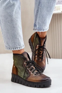 Maciejka Botki Maciejka|Botki Skórzane*Skórzane Botki Platformie I Koturnie 06702-09 Zielono-Złote