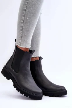 Damskie Boto Skórzane Botki Sztyblety Czarne Nicole 2672