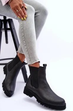 Damskie Boto Skórzane Botki Sztyblety Czarne Nicole 2672