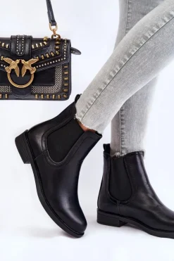 Damskie Boto Skórzane Botki Sztyblety Czarne Astate