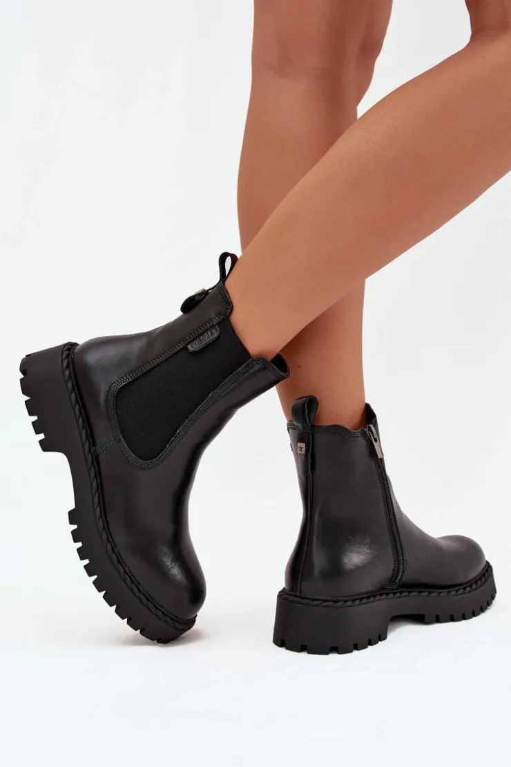 Big Star Shoes Botki Ocieplane|Czarne Botki*Skórzane Botki Sztyblety Damskie Ocieplane Na Zamek Big Star OO274109 Czarne