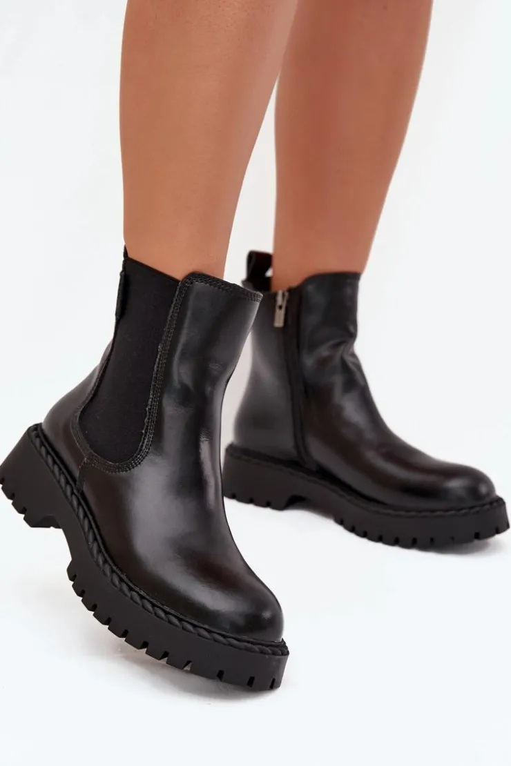 Big Star Shoes Botki Ocieplane|Czarne Botki*Skórzane Botki Sztyblety Damskie Ocieplane Na Zamek Big Star OO274109 Czarne