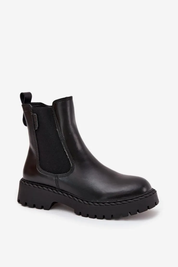 Big Star Shoes Botki Ocieplane|Czarne Botki*Skórzane Botki Sztyblety Damskie Ocieplane Na Zamek Big Star OO274109 Czarne