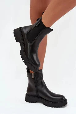 Big Star Shoes Botki Ocieplane|Czarne Botki*Skórzane Botki Sztyblety Damskie Ocieplane Na Zamek Big Star OO274109 Czarne