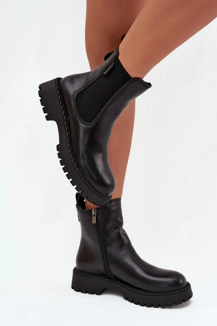 Big Star Shoes Botki Ocieplane|Czarne Botki*Skórzane Botki Sztyblety Damskie Ocieplane Na Zamek Big Star OO274109 Czarne