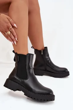Big Star Shoes Botki Ocieplane|Czarne Botki*Skórzane Botki Sztyblety Damskie Ocieplane Na Zamek Big Star OO274109 Czarne
