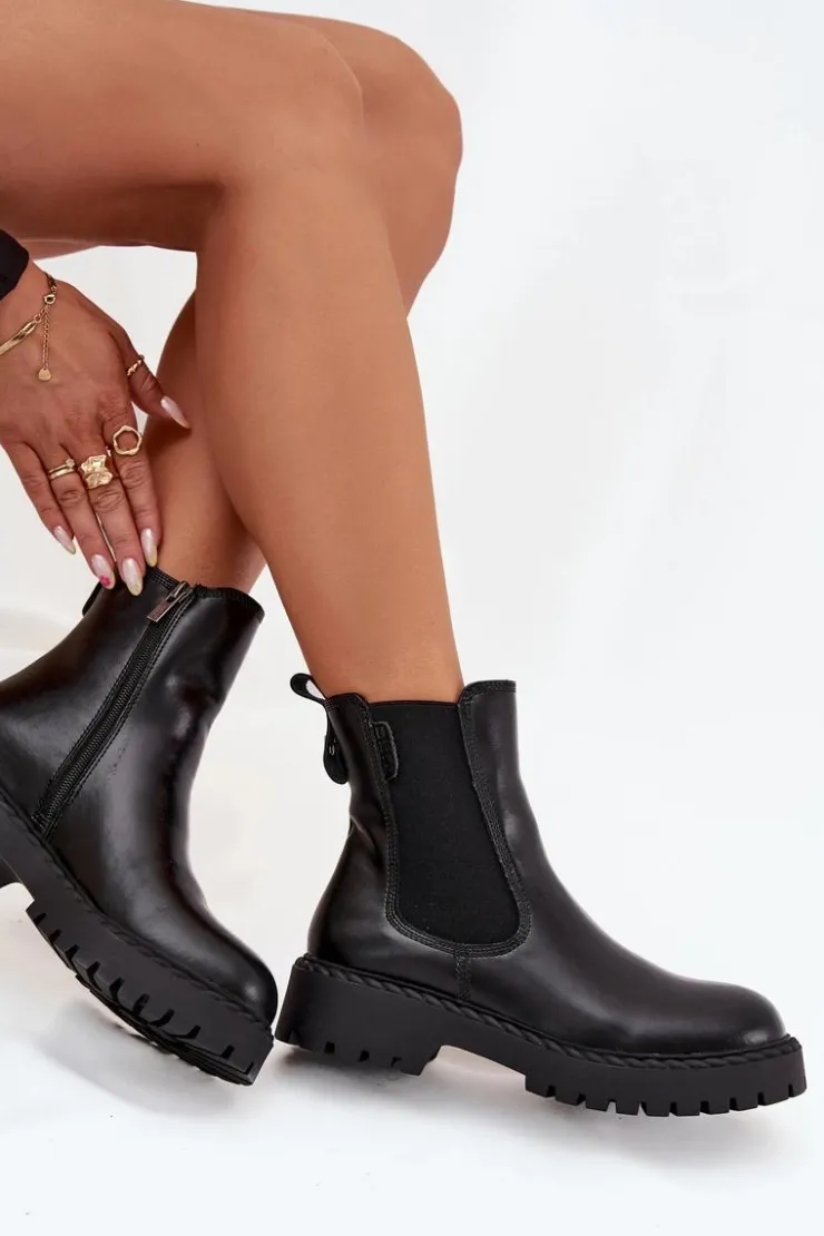 Big Star Shoes Botki Ocieplane|Czarne Botki*Skórzane Botki Sztyblety Damskie Ocieplane Na Zamek Big Star OO274109 Czarne