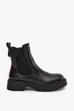 Big Star Shoes Botki Ocieplane|Czarne Botki*Skórzane Botki Sztyblety Damskie Ocieplane Na Zamek Big Star OO274109 Czarne