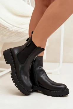 Big Star Shoes Botki Ocieplane|Czarne Botki*Skórzane Botki Sztyblety Damskie Ocieplane Na Zamek Big Star OO274109 Czarne