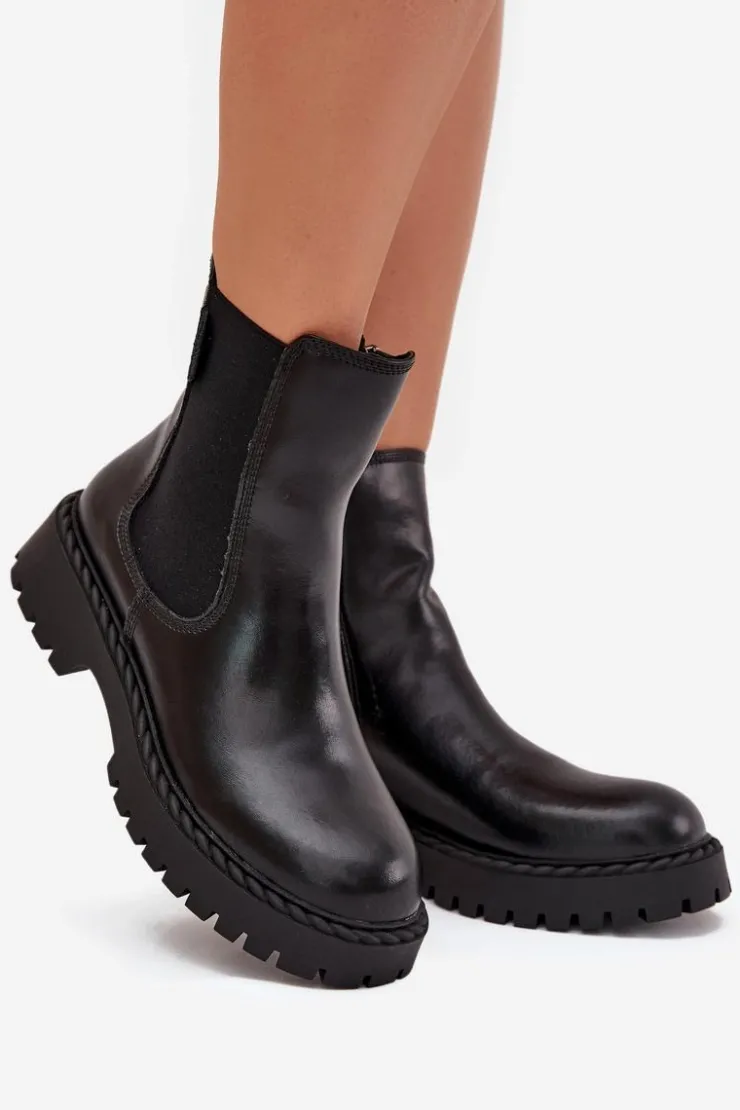 Big Star Shoes Botki Ocieplane|Czarne Botki*Skórzane Botki Sztyblety Damskie Ocieplane Na Zamek Big Star OO274109 Czarne