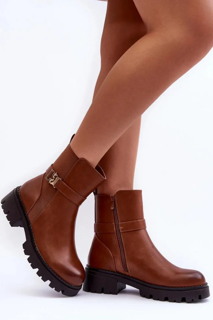 Outlet Boto Skórzane Botki Sztyblety Damskie Brązowe Elspetia