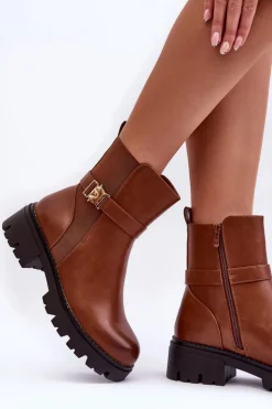 Outlet Boto Skórzane Botki Sztyblety Damskie Brązowe Elspetia