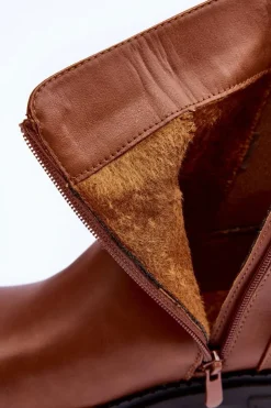 Outlet Boto Skórzane Botki Sztyblety Damskie Brązowe Elspetia