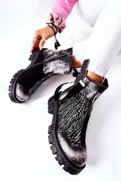 Damskie Maciejka Skórzane Botki Sztyblety Czarno-Białe 05137-21